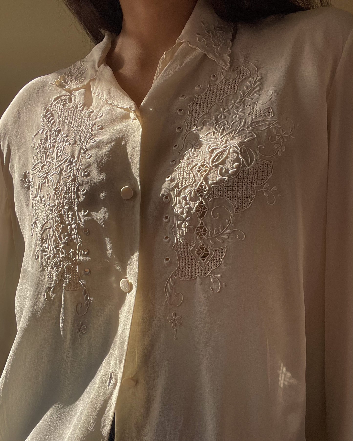 Vintage Cream Silk Collared Blouse With Embroidered Frontal Detail