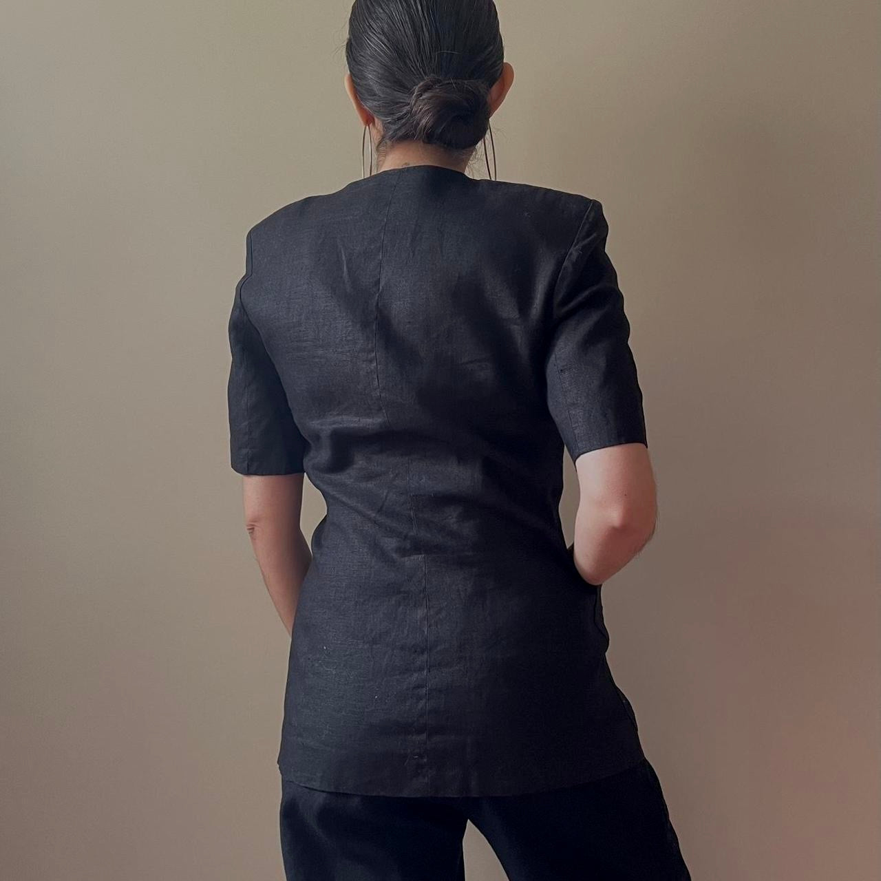 Vintage Designer Cacharel 90s Black Boxy Linen Top