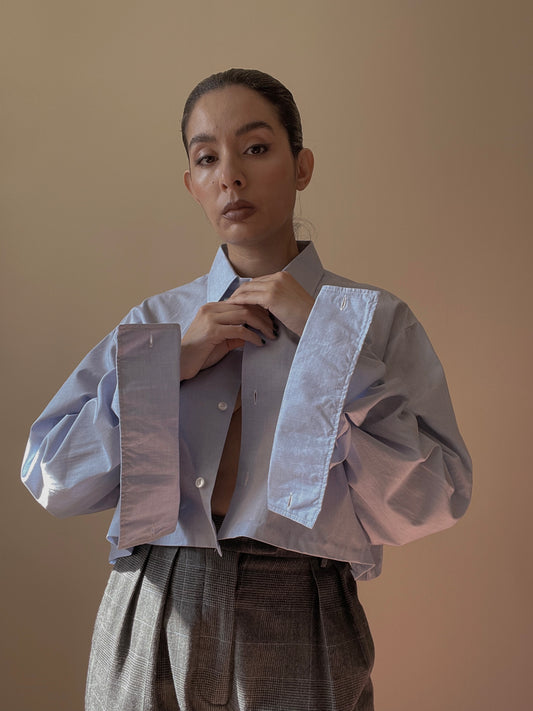 Vintage Blue Cotton Cropped Cufflink Shirt