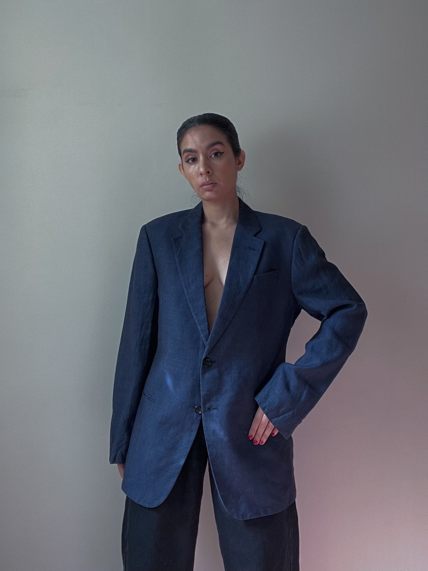 Vintage Oversized Navy Linen Blend Armani Blazer