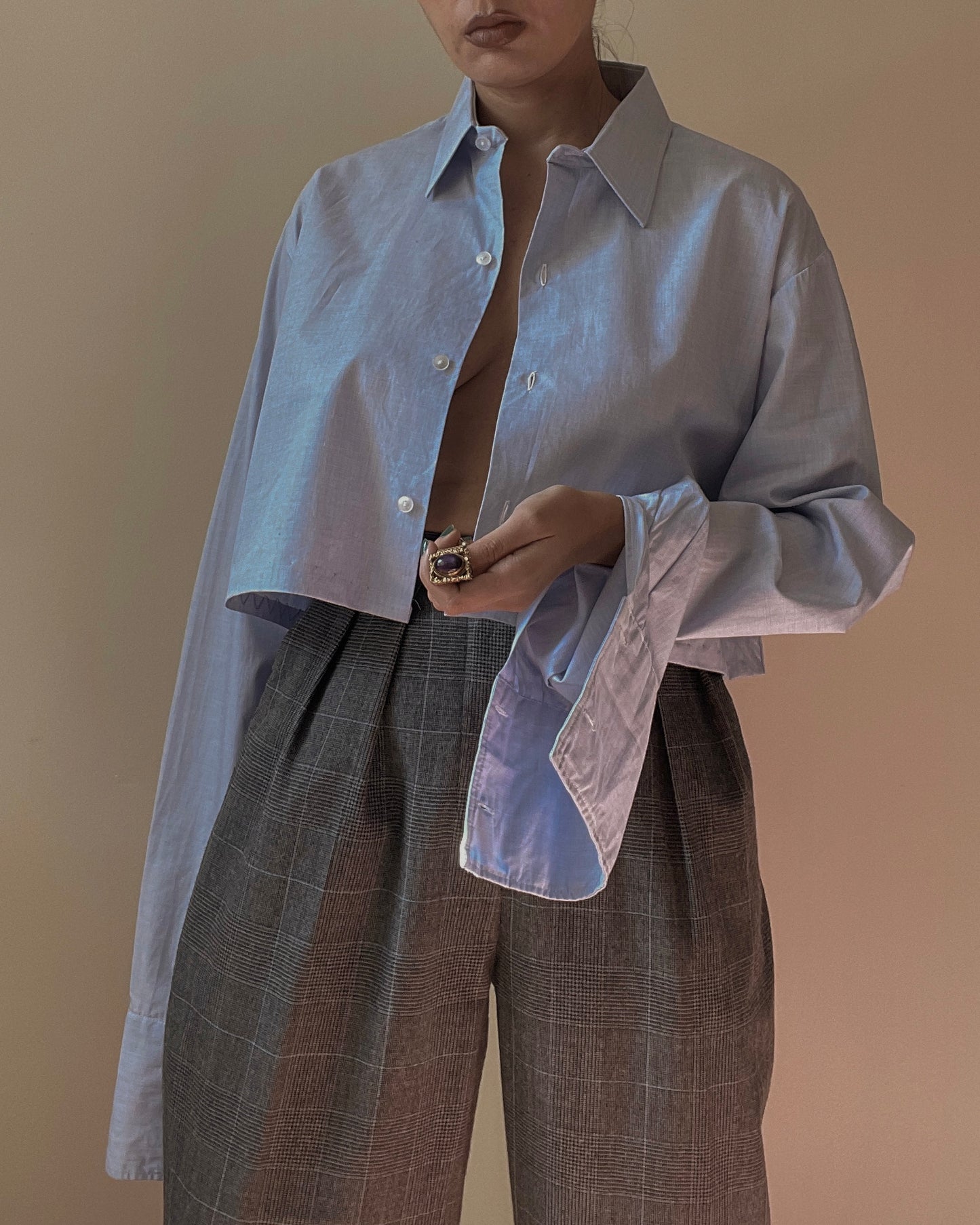 Vintage Blue Cotton Cropped Cufflink Shirt