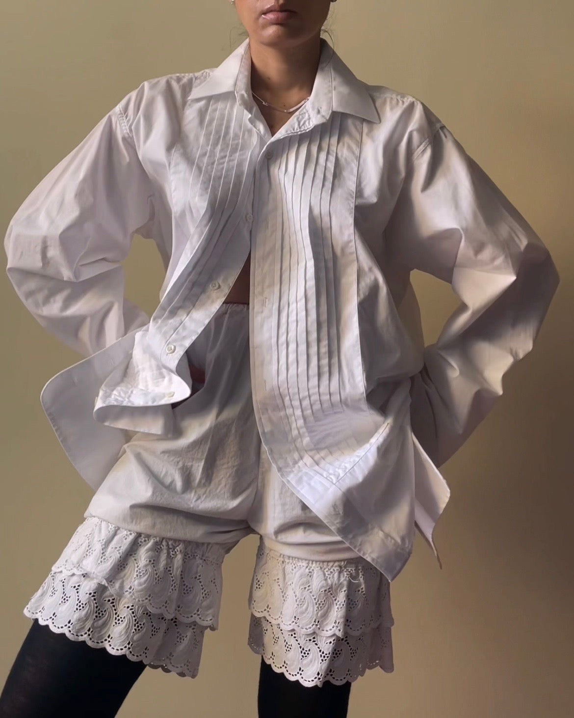 Vintage White Pleated Cufflink Cotton Shirt