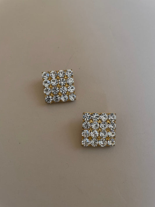Vintage Golden Crystal Grid Clip Earrings
