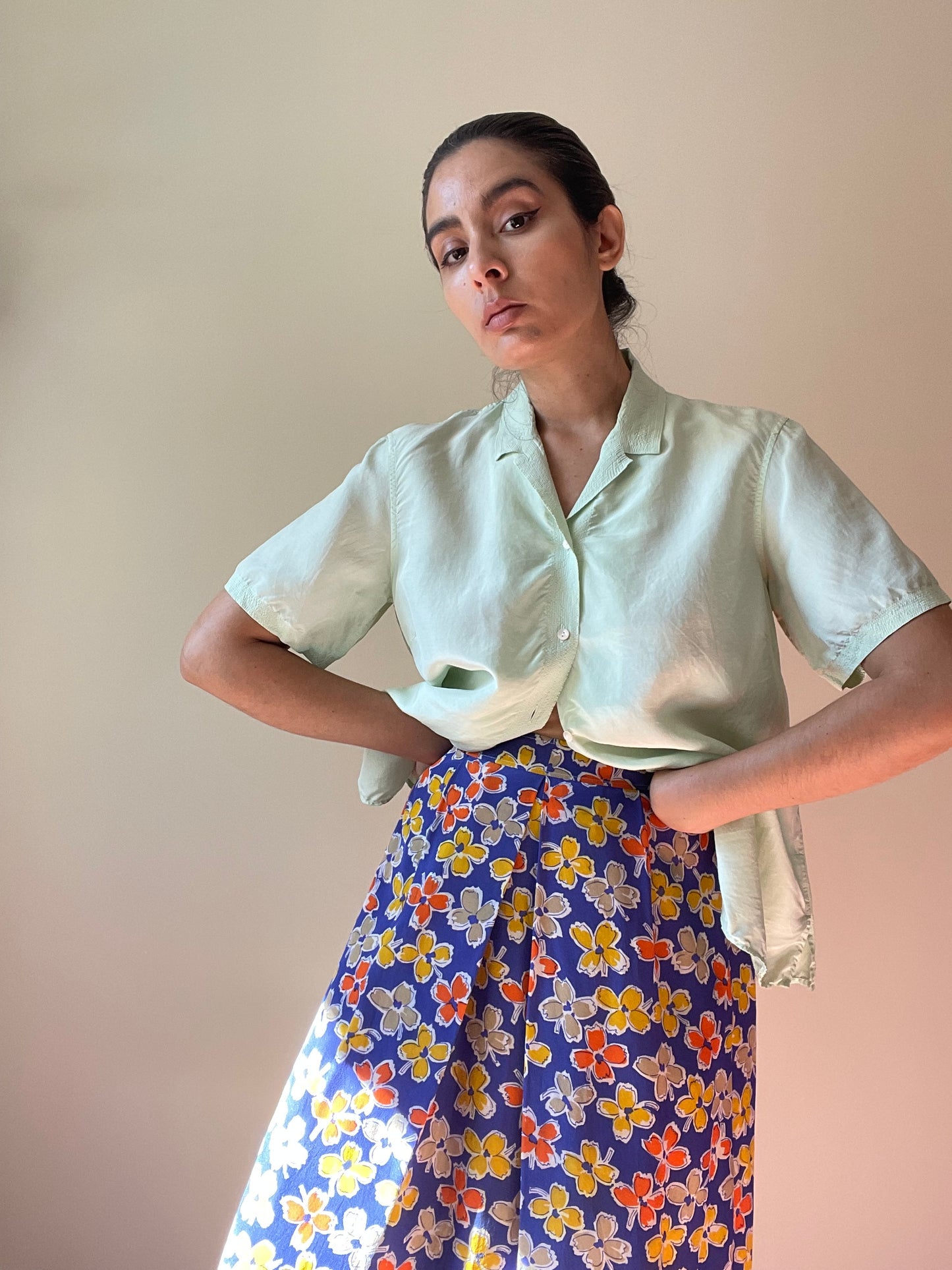 Vintage Designer Jil Sander Green Boxy Stitched Silk Top