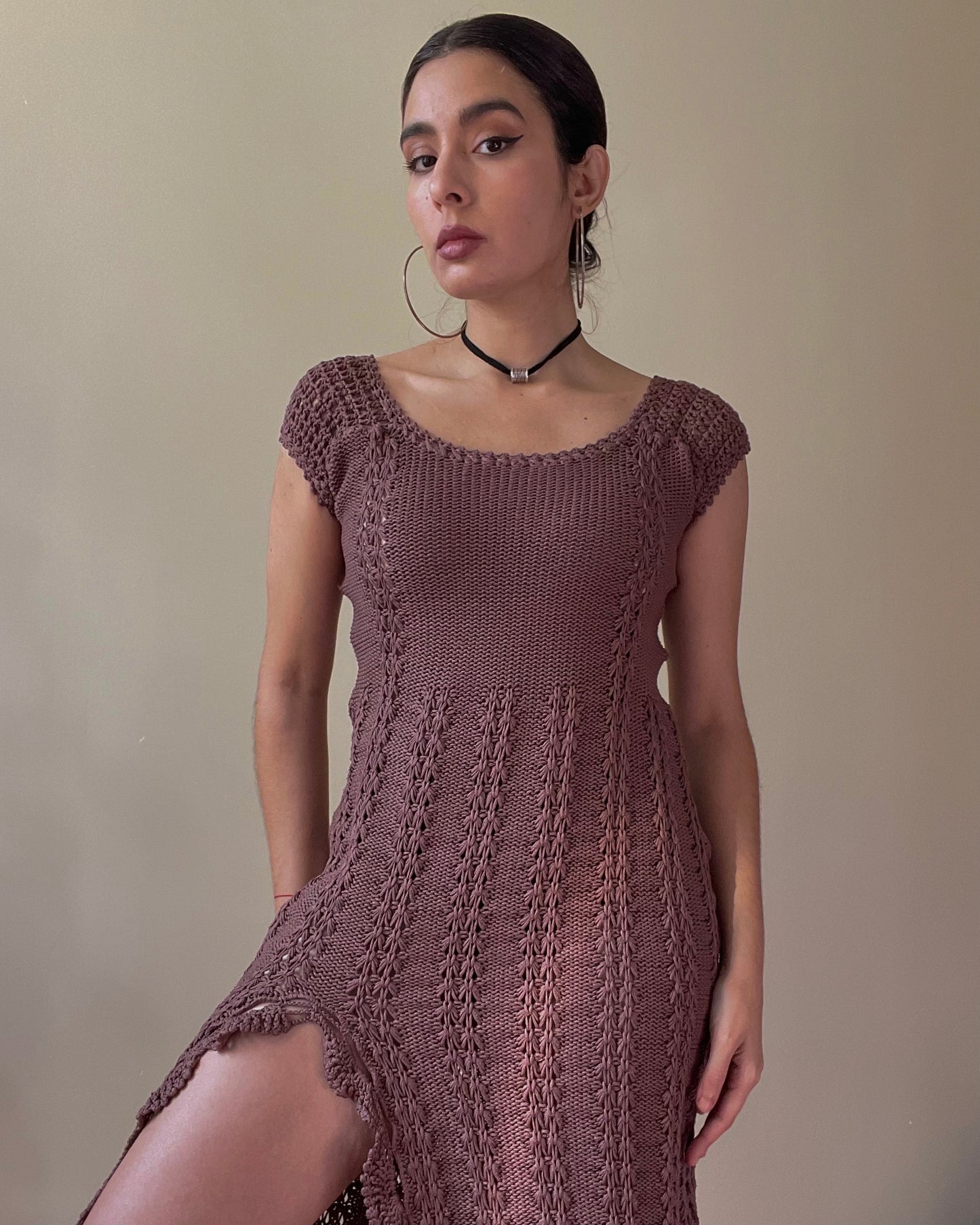 Vintage Hand Dyed Brown Cotton Crochet Dress