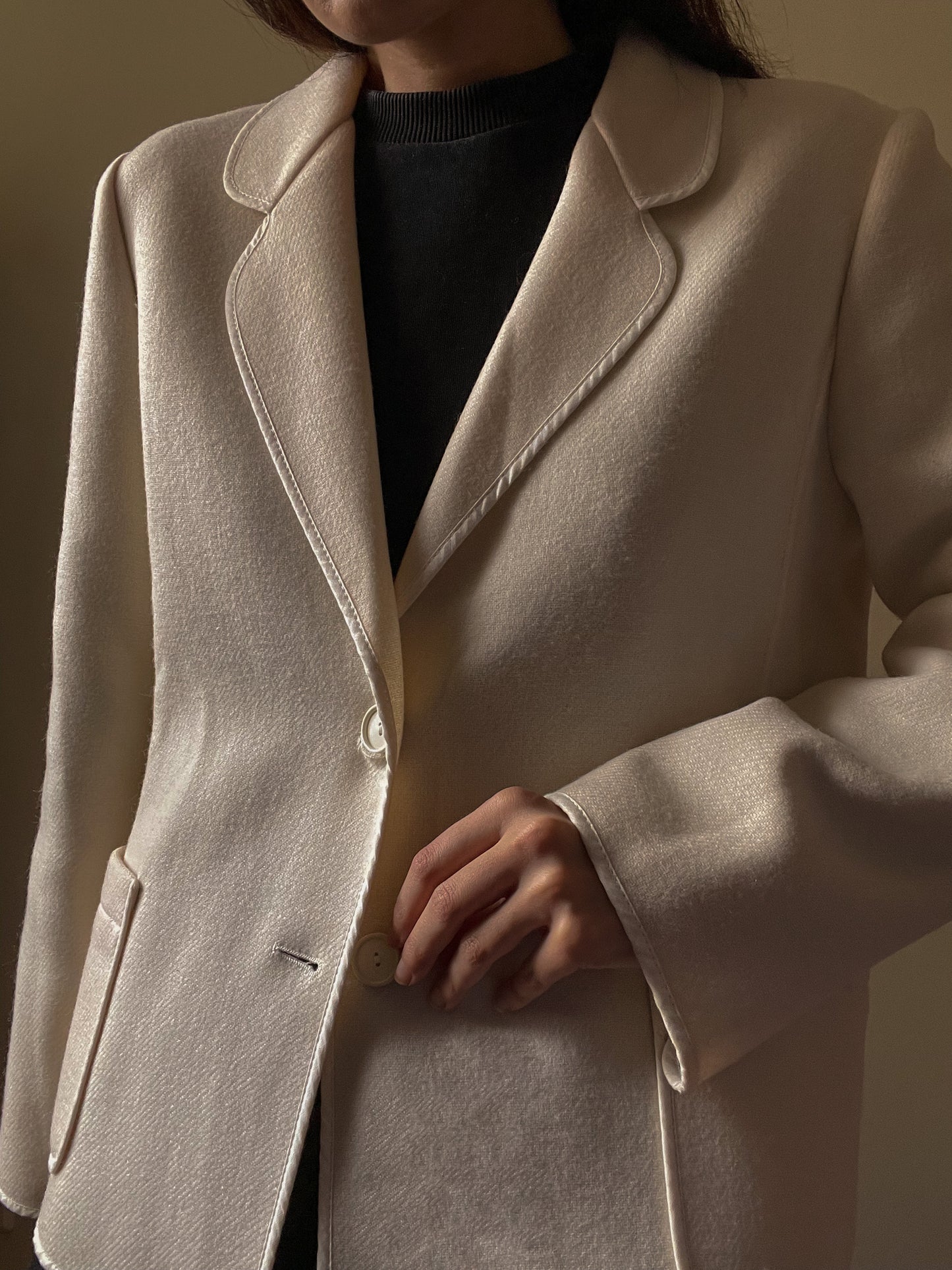 Vintage Preppy Cream Wool Blazer with Pockets