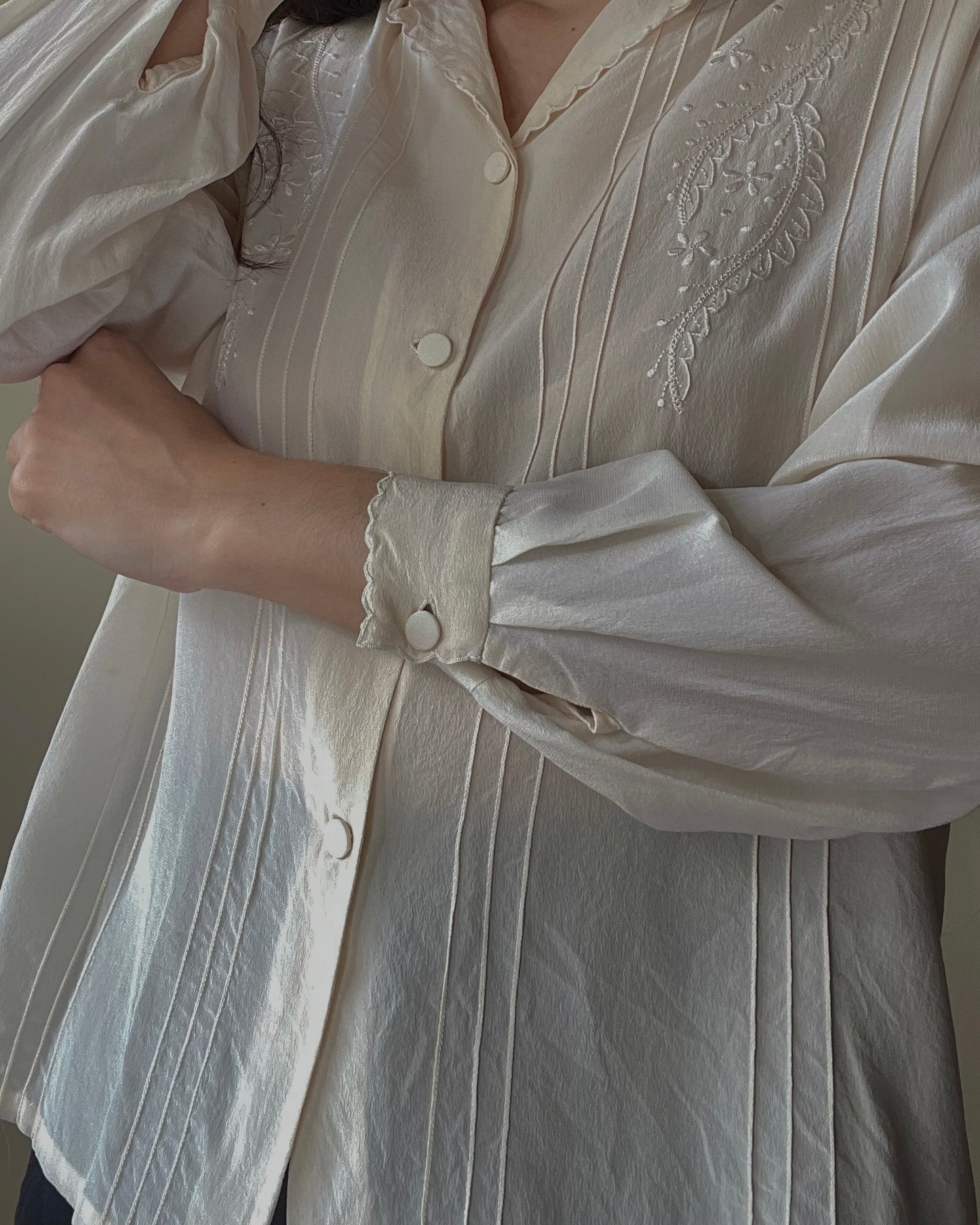 Vintage Cream Embroidered Silk Top