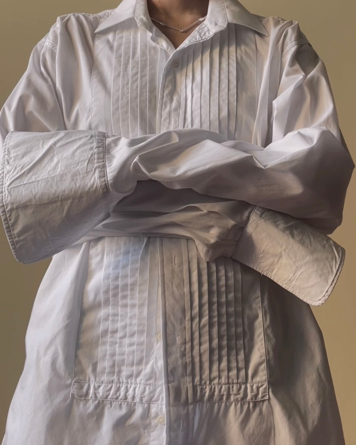 Vintage White Pleated Cufflink Cotton Shirt