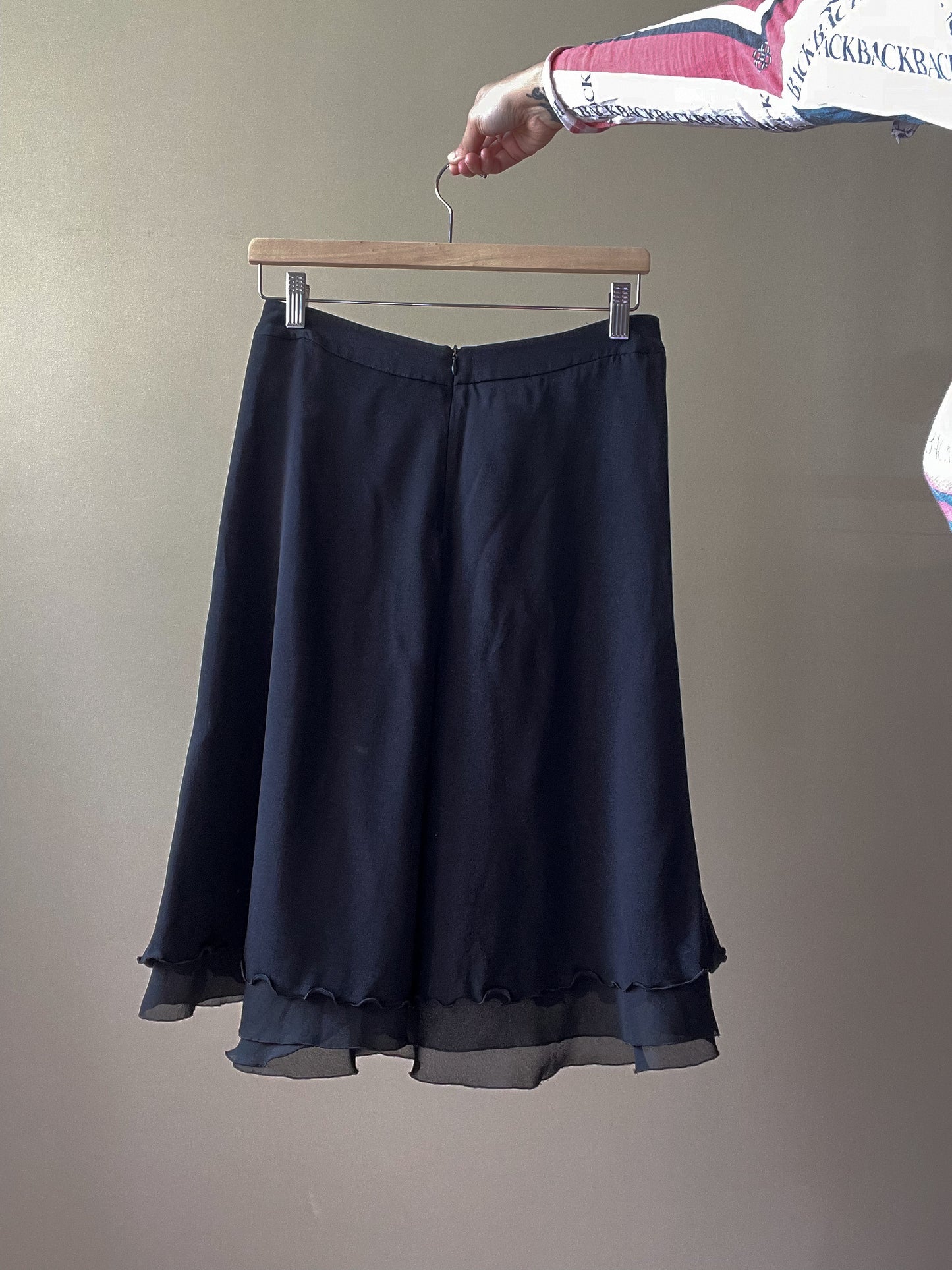 Vintage Designer Armani Midi Black Silk Ruffle Trim Skirt