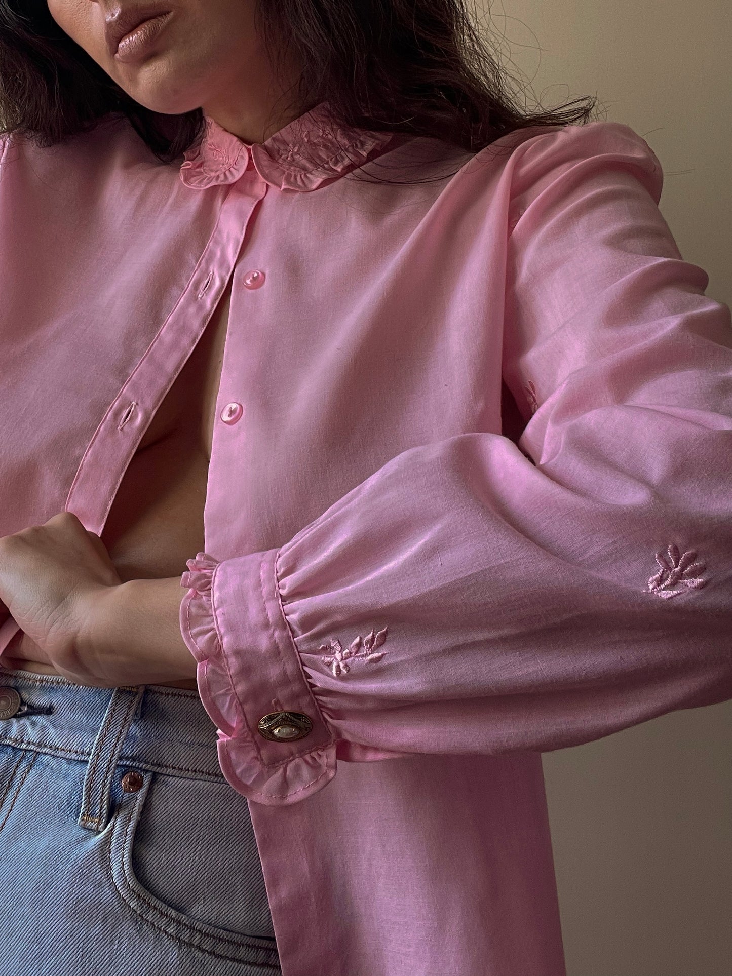 Vintage Pink Cotton Embroidered Cufflink Shirt