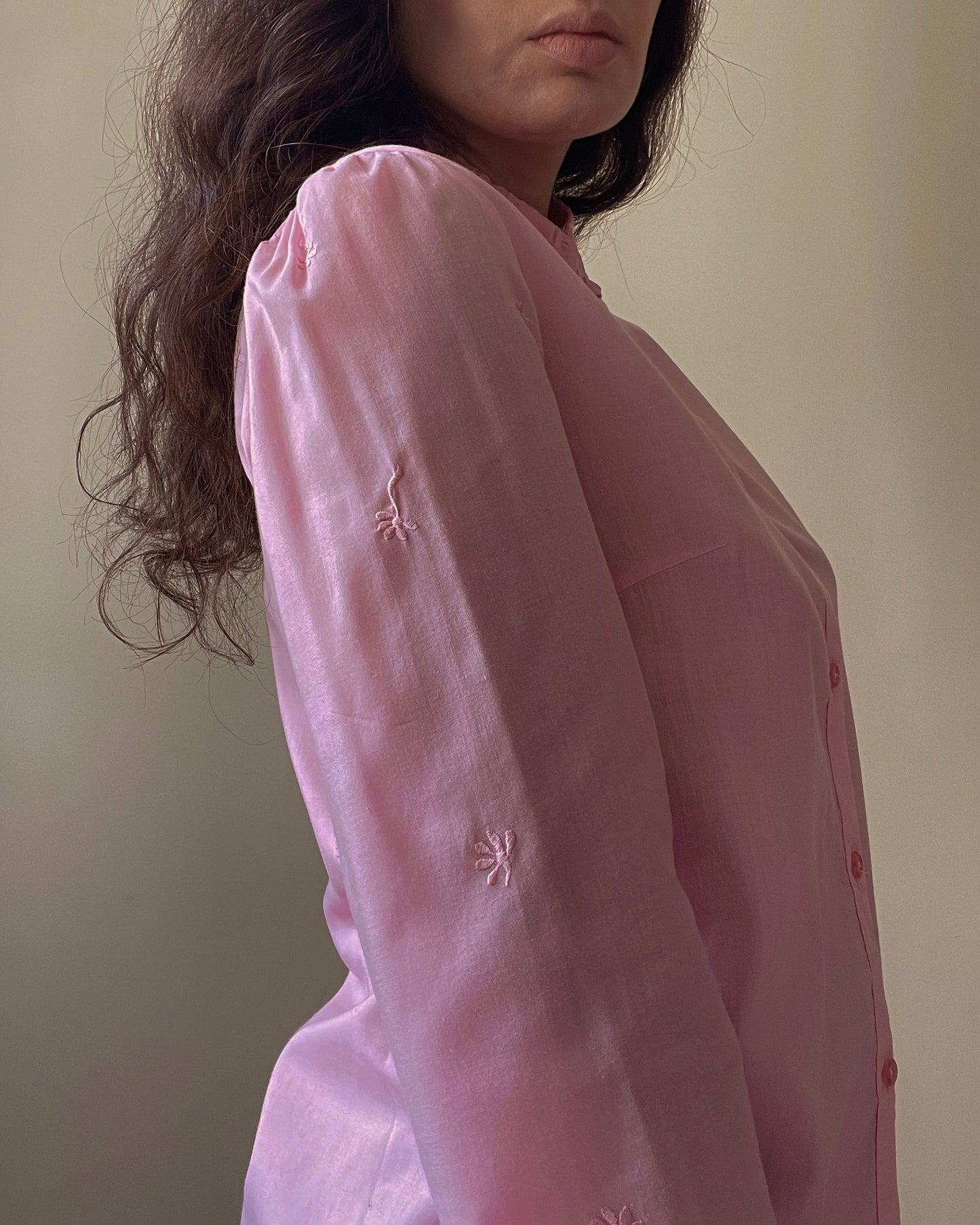 Vintage Pink Cotton Embroidered Cufflink Shirt