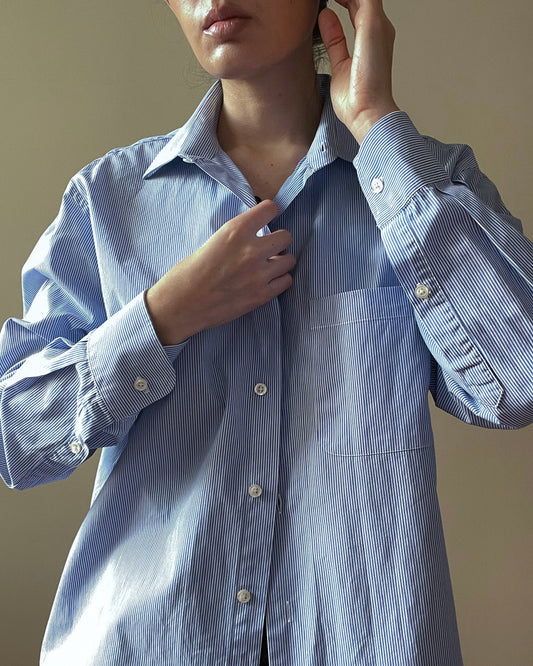 Vintage Brand Barneys New York Blue Cotton Raw Crop Hem Shirt