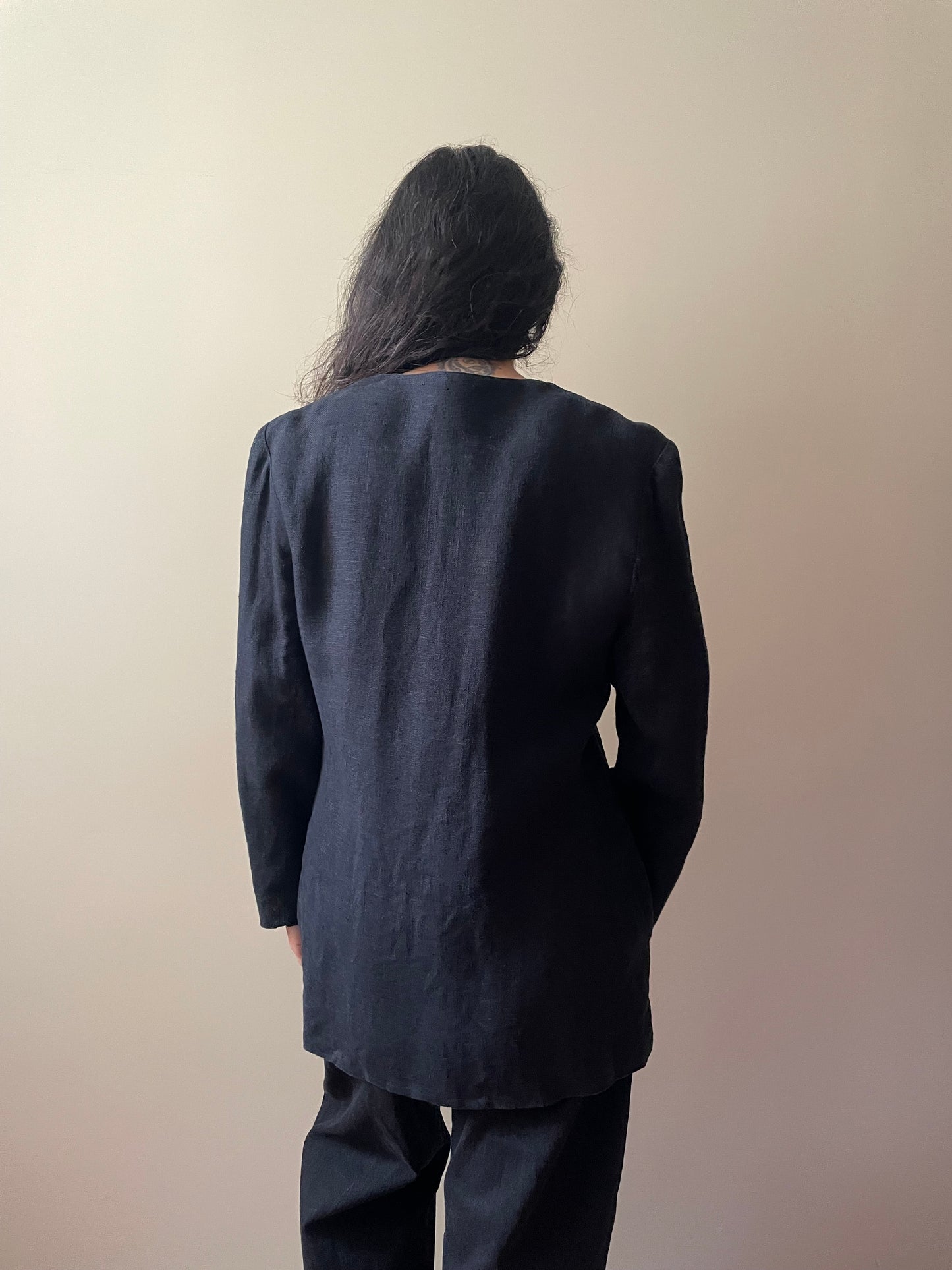 Vintage Black Linen Feminine Top w/ Metal Buttons