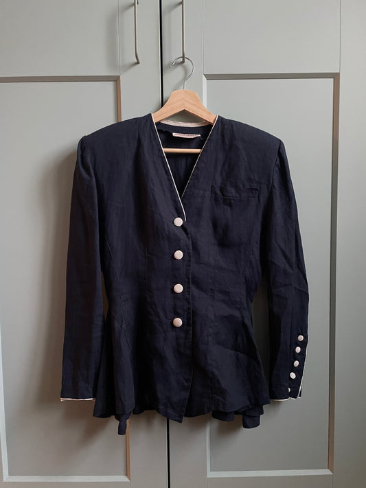 Vintage Designer Rocco Barocco Navy Peplum Linen Top Jacket