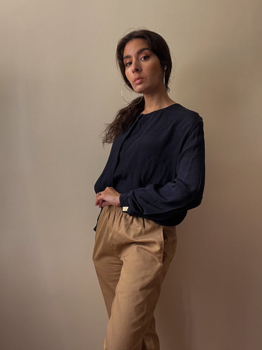 Vintage Giorgio Armani Crinkle Silk Blouse w/ Cufflink Sleeves