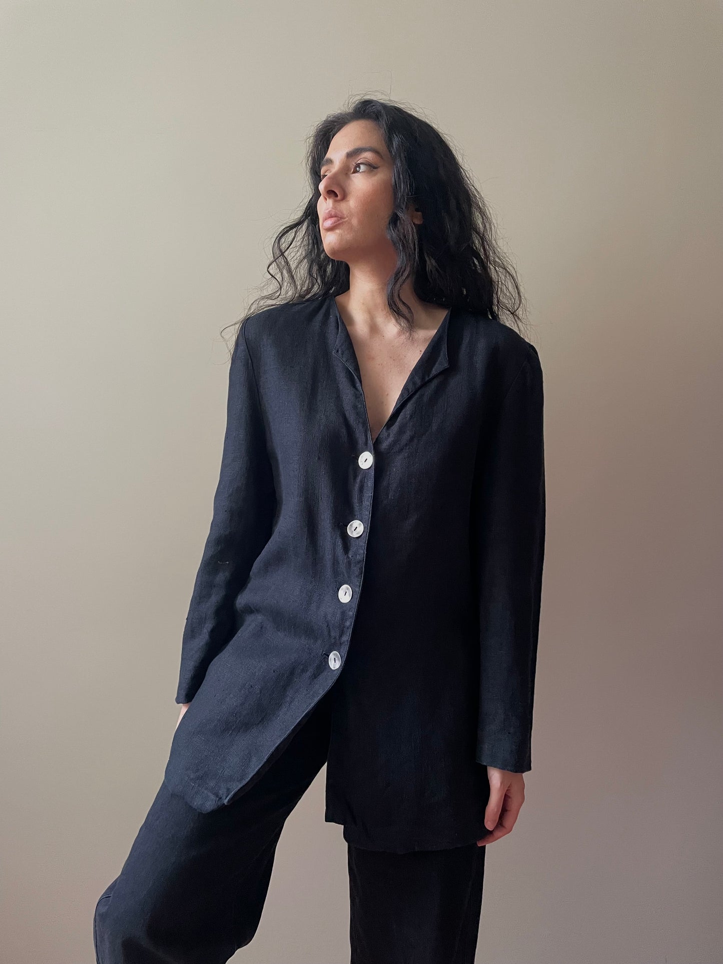 Vintage Black Linen Feminine Top w/ Metal Buttons