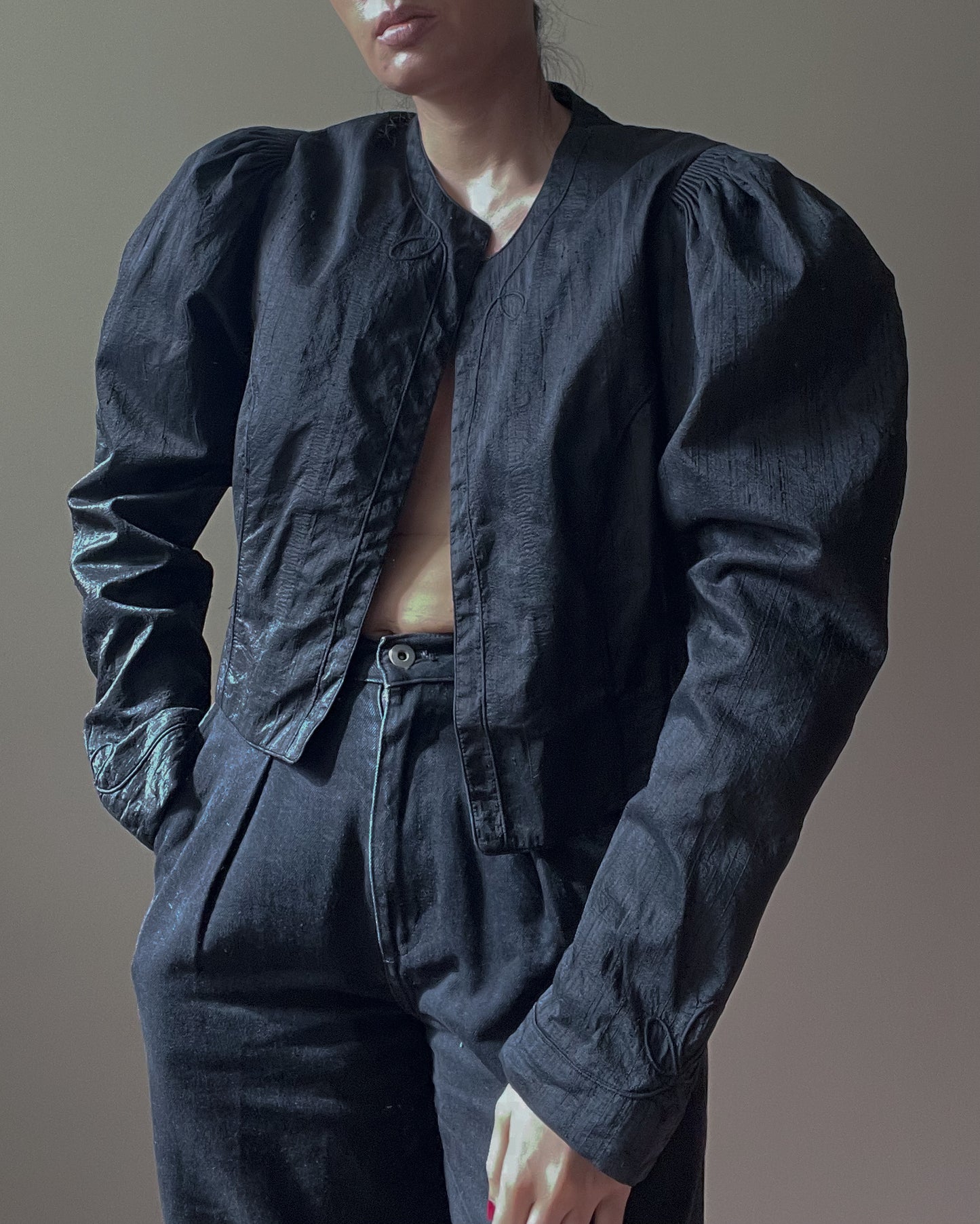 Vintage Silk Black Cropped Puff Sleeve Bolero Jacket
