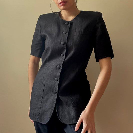 Vintage Designer Cacharel 90s Black Boxy Linen Top