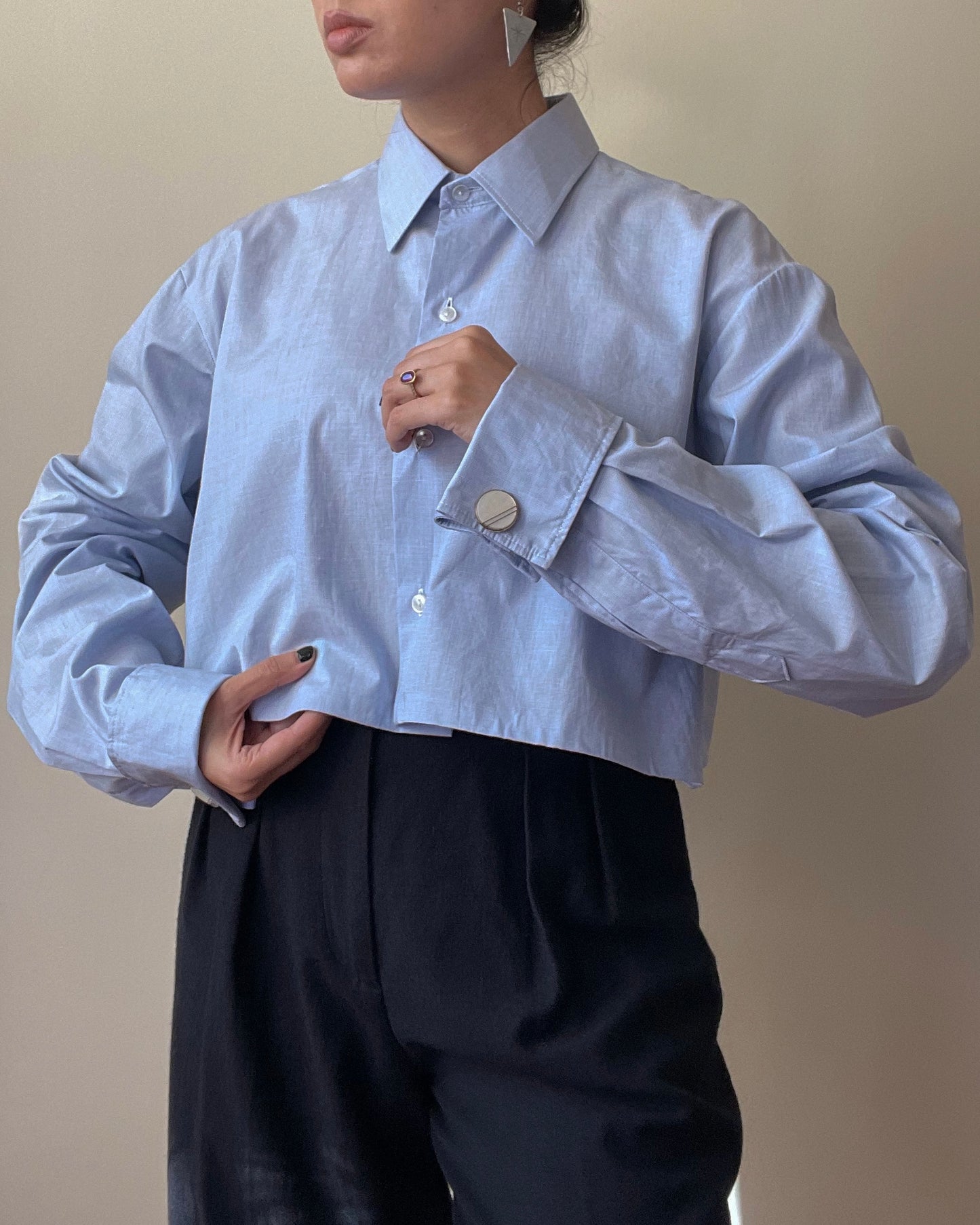 Vintage Blue Cotton Cropped Cufflink Shirt