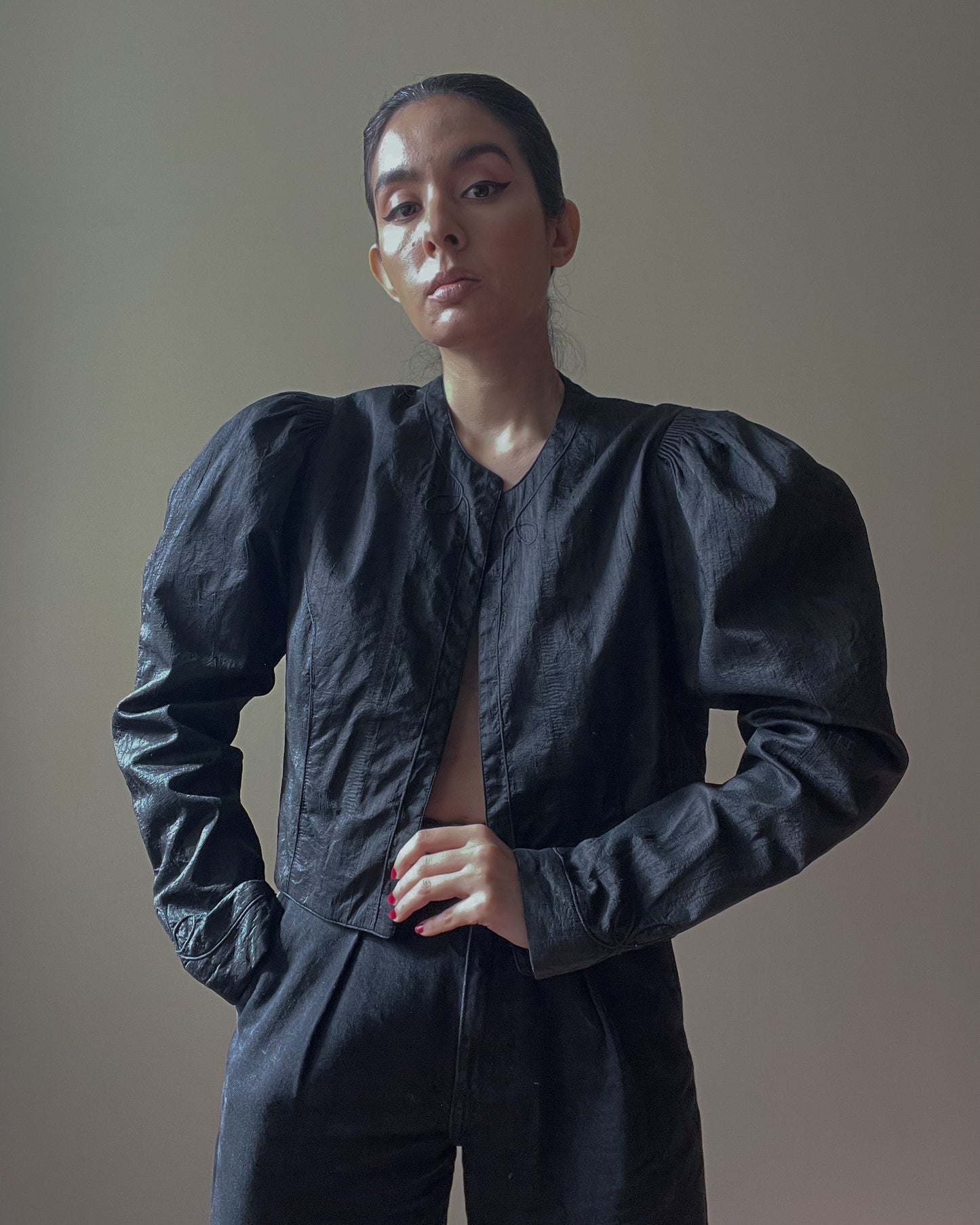 Vintage Silk Black Cropped Puff Sleeve Bolero Jacket