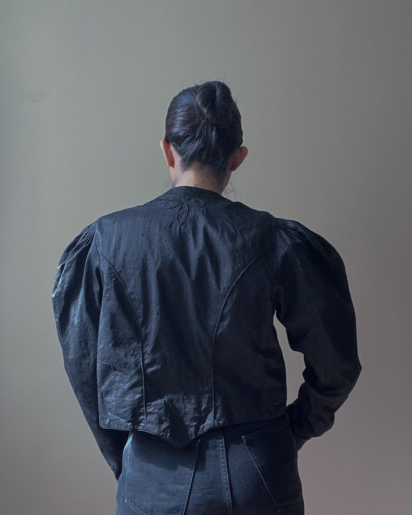 Vintage Silk Black Cropped Puff Sleeve Bolero Jacket