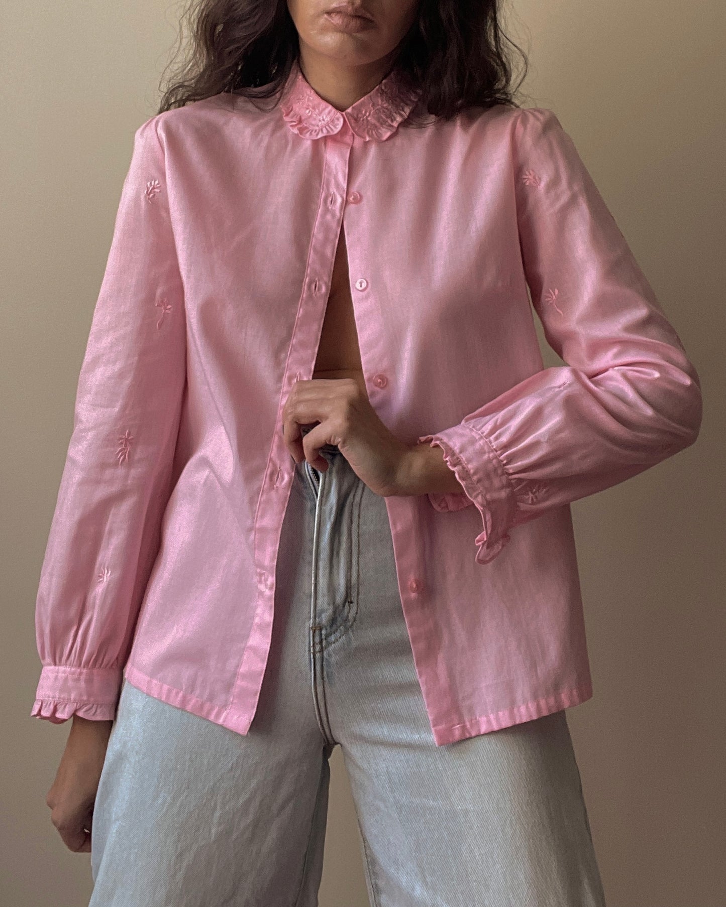 Vintage Pink Cotton Embroidered Cufflink Shirt