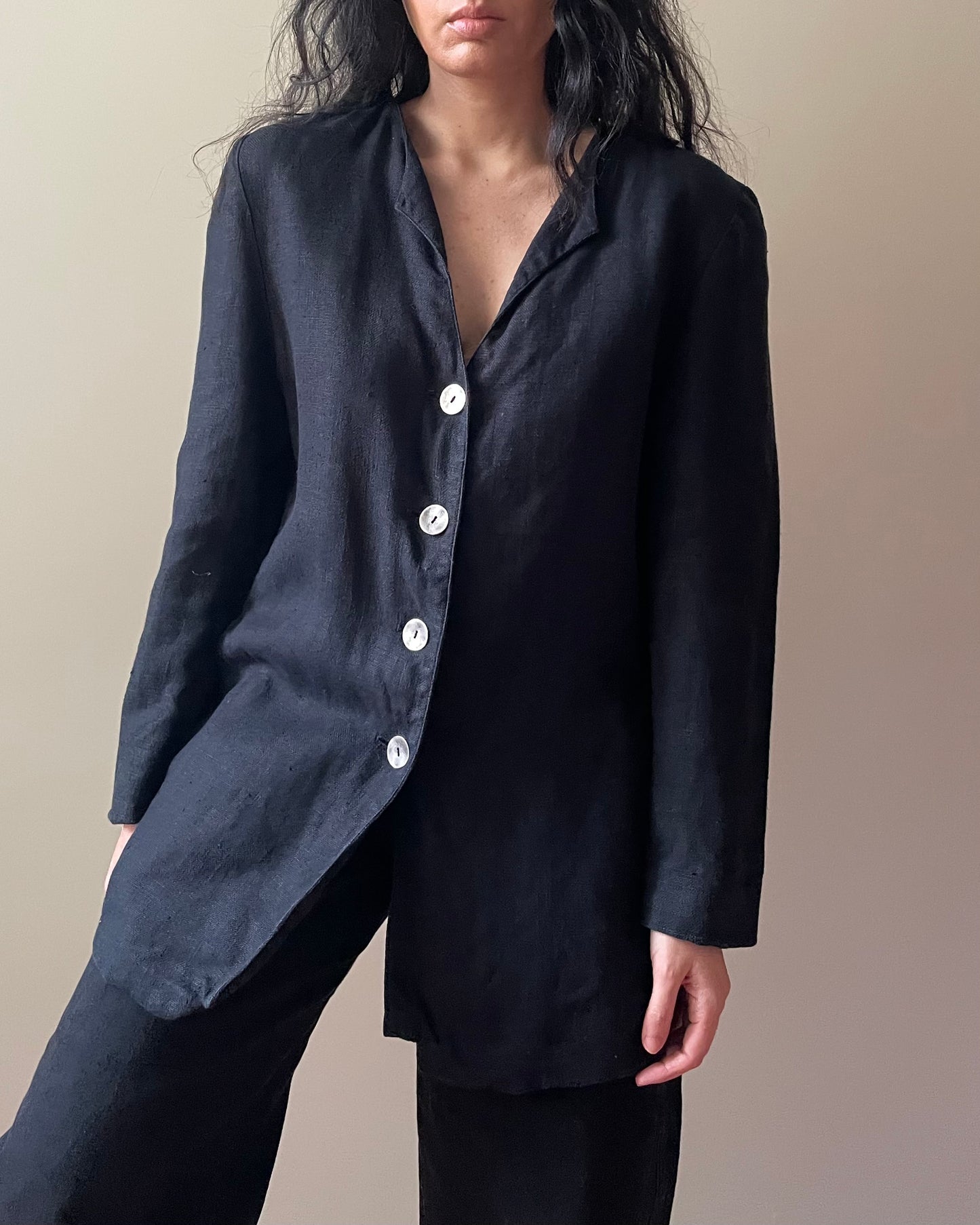 Vintage Black Linen Feminine Top w/ Metal Buttons