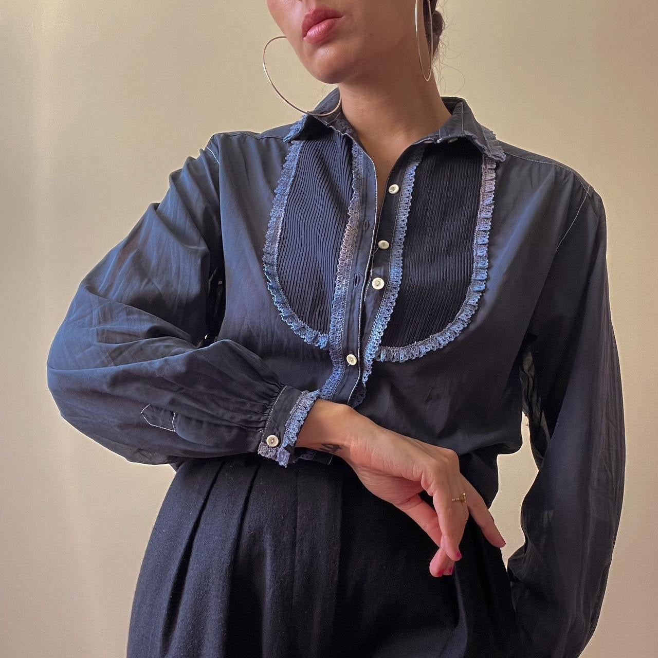 Vintage Hand Dyed Navy Tuxedo Cotton Top
