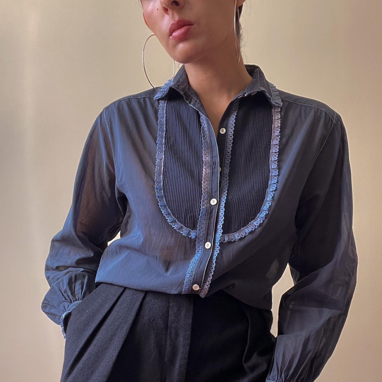 Vintage Hand Dyed Navy Tuxedo Cotton Top