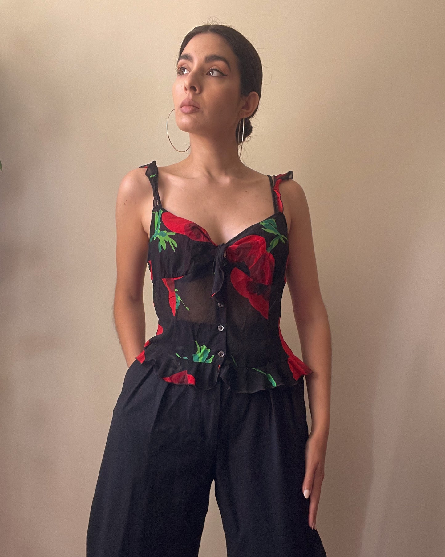 Vintage Designer Moschino Silk Rose Print Top