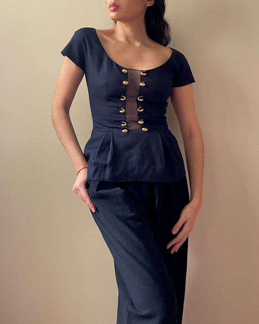 Vintage Valentino Navy With Mesh Panel Peplum Top 1