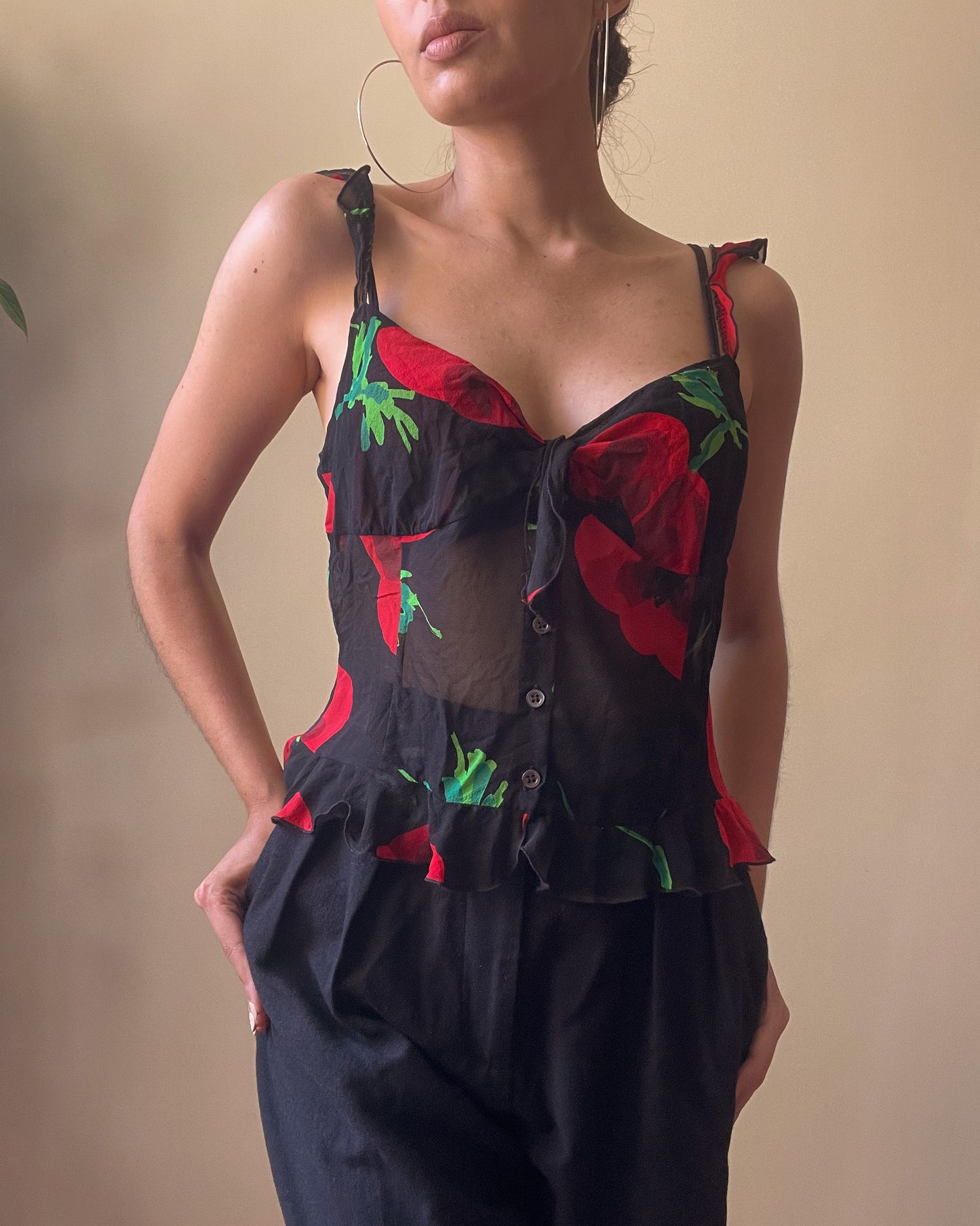 Vintage Designer Moschino Silk Rose Print Top
