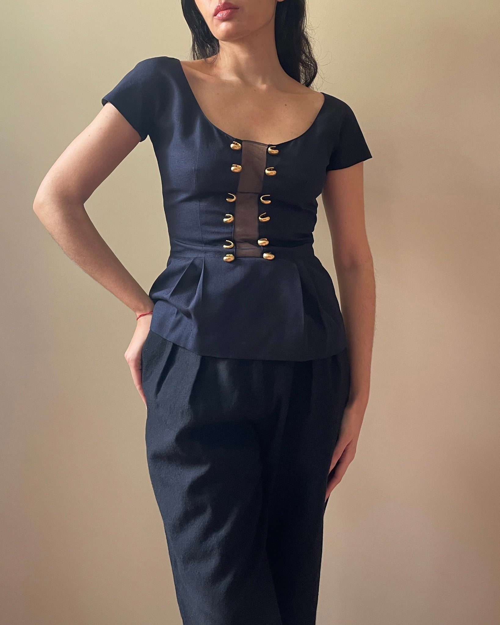 Vintage Valentino Navy With Mesh Panel Peplum Top 3