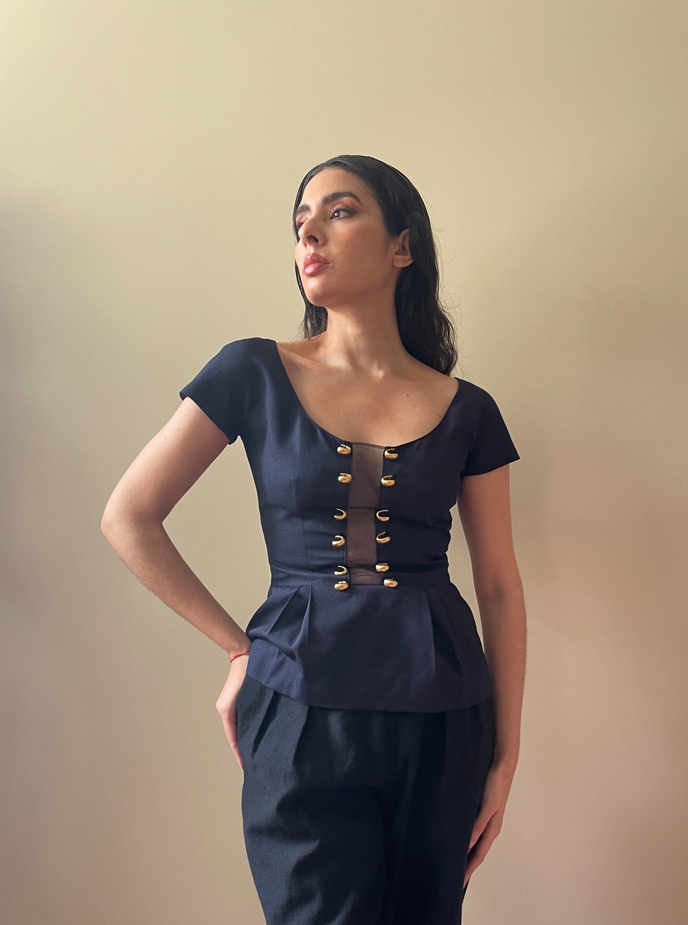 Vintage Valentino Navy With Mesh Panel Peplum Top 2