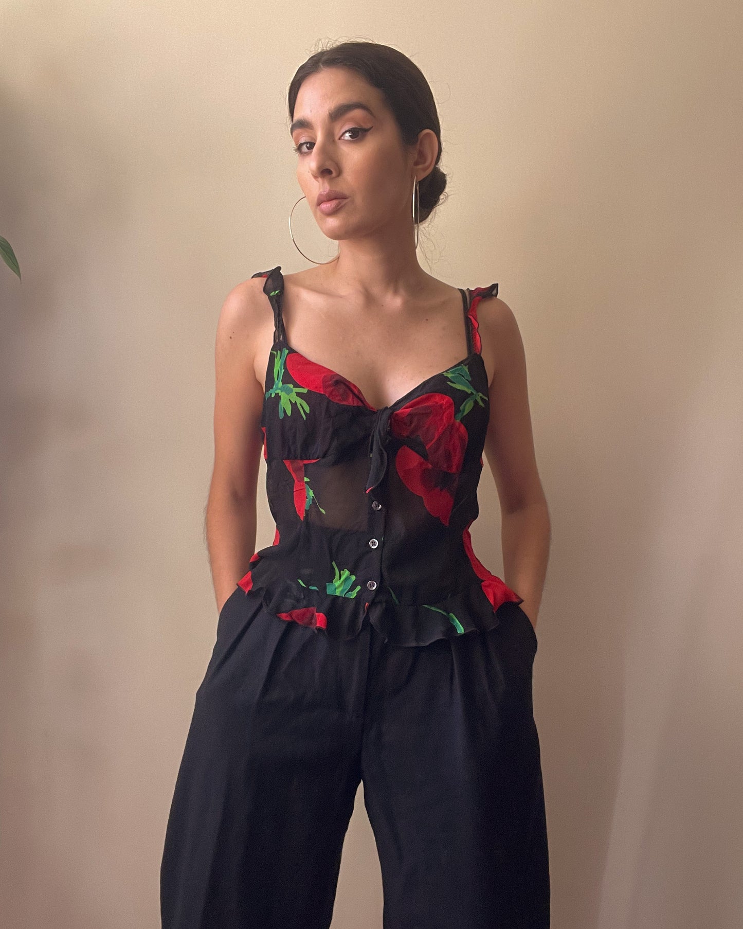 Vintage Designer Moschino Silk Rose Print Top