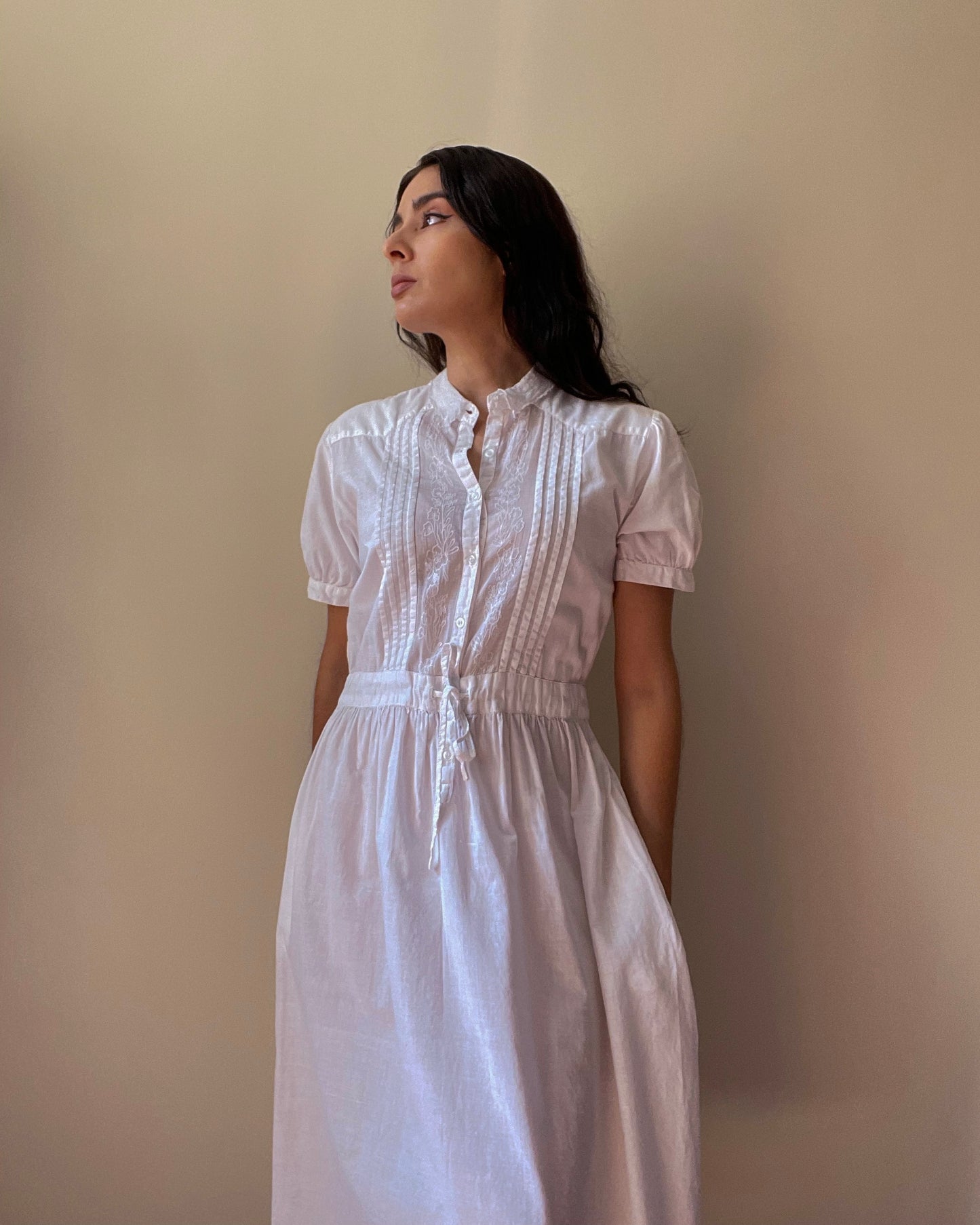 Beautiful Vintage Embroidered White Cotton Dress