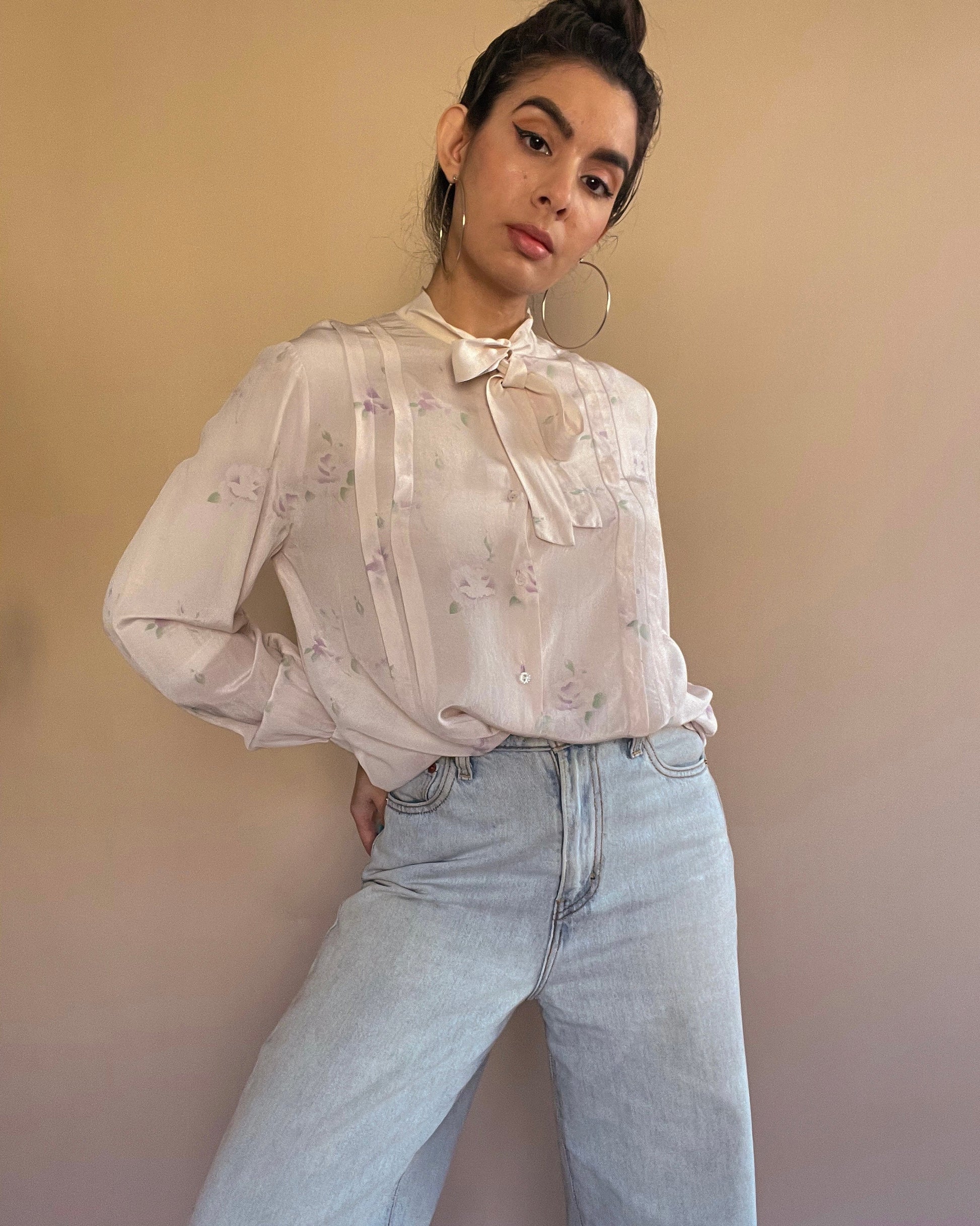 Suit of Lights Vintage Silk Tie Blouse With Muted Floral Print 1
