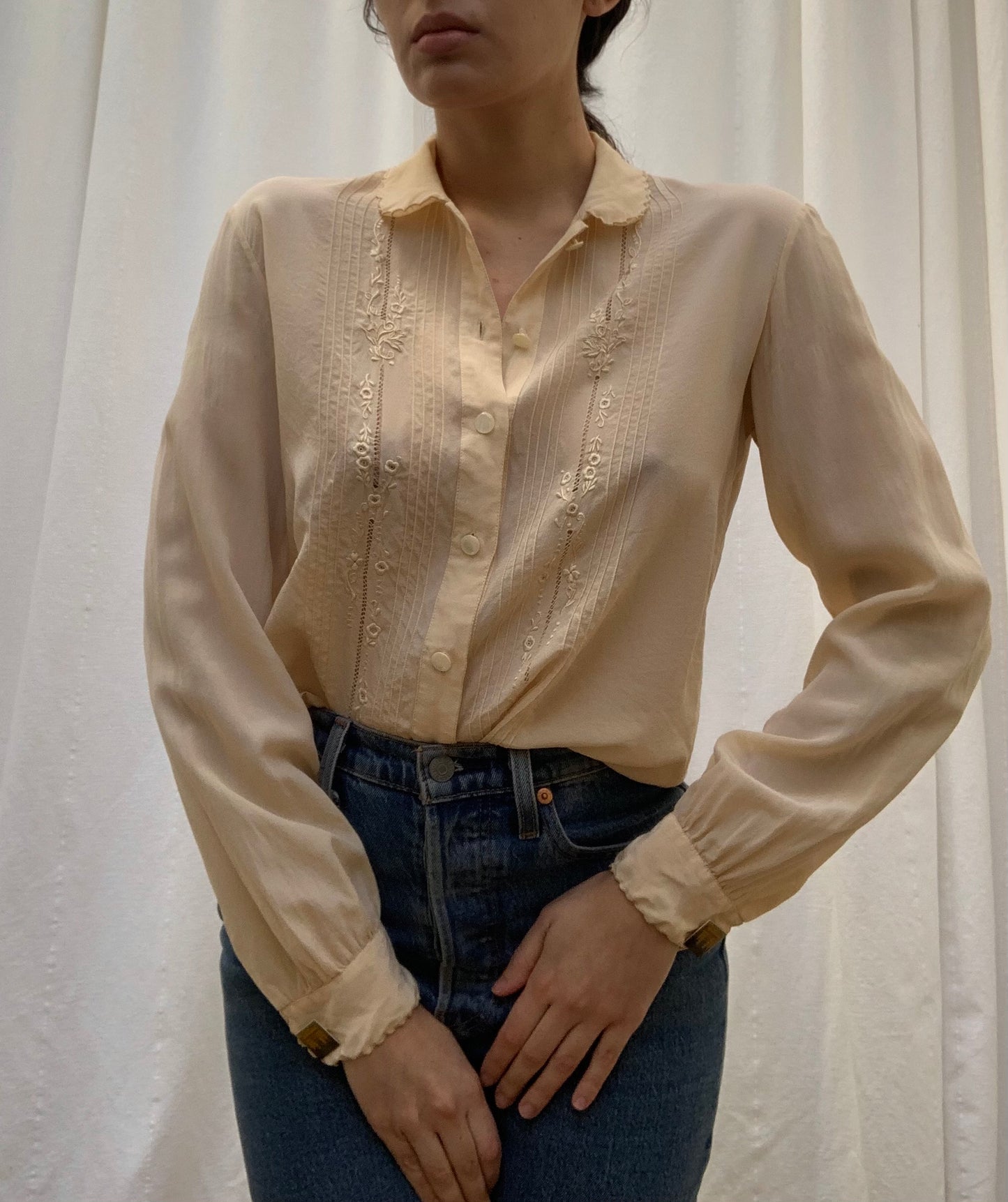 Vintage Silk Collared Blouse with Embroidered Detail