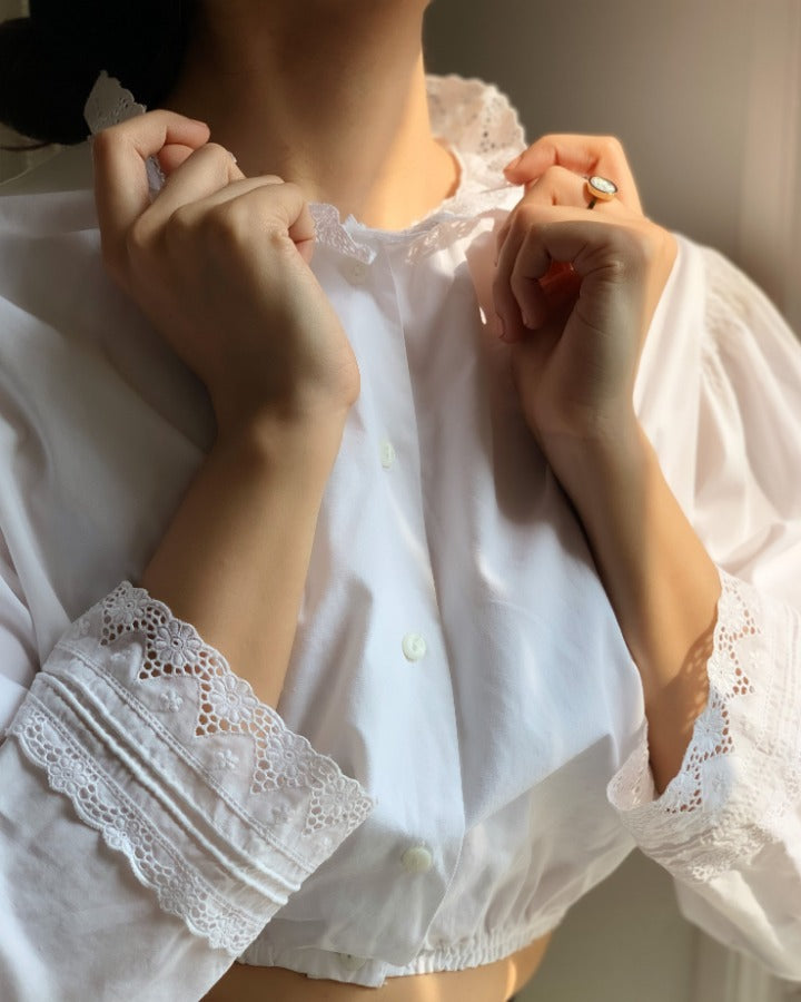 Vintage Cotton Cropped Blouse With Ruffle Lace Collar 6