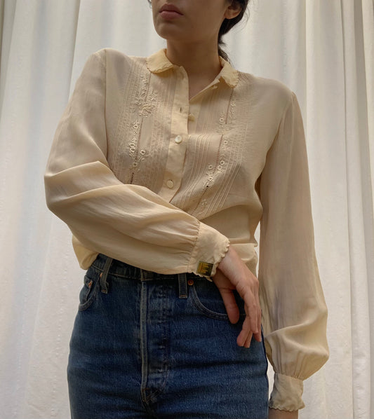 Vintage Silk Collared Blouse with Embroidered Detail