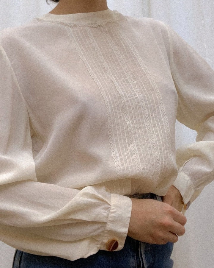 Vintage Silk Blouse With Lace Pleating and Cufflinking Sleeves