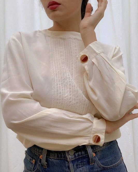 Vintage Silk Blouse With Lace Pleating and Cufflinking Sleeves