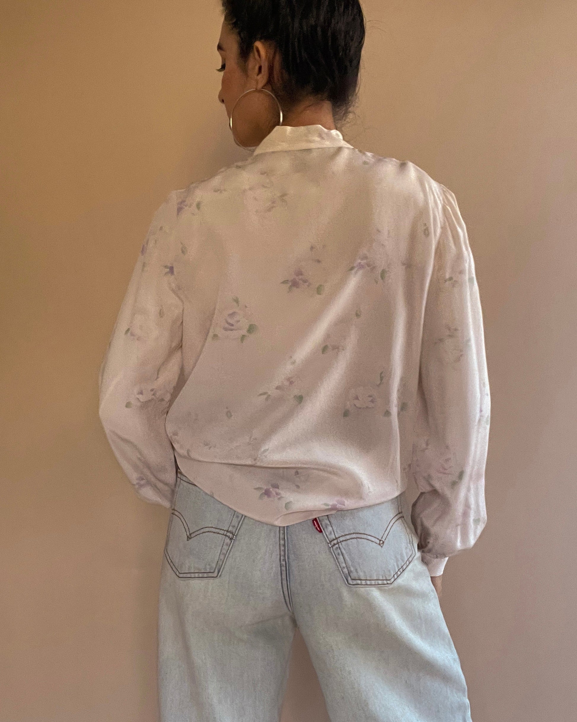 Suit of Lights Vintage Silk Tie Blouse With Muted Floral Print 5