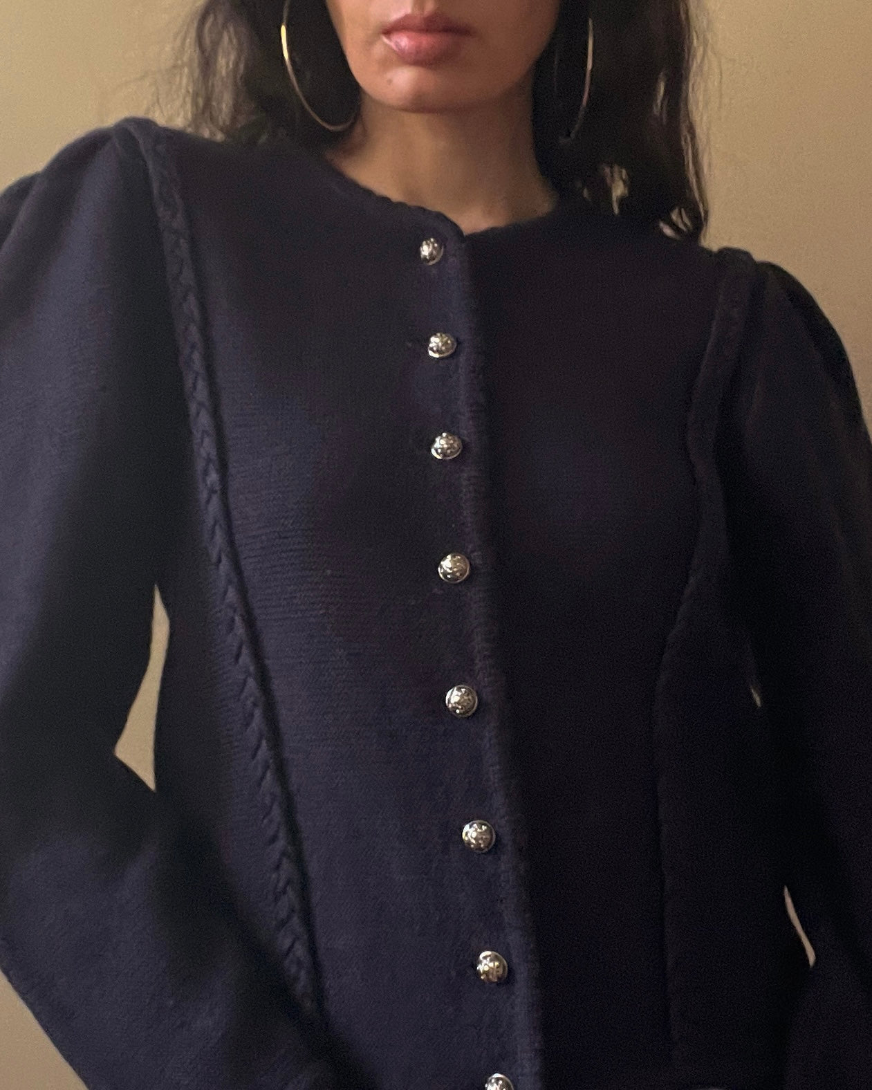 Vintage Navy Austrian Puff Sleeve Cardigan