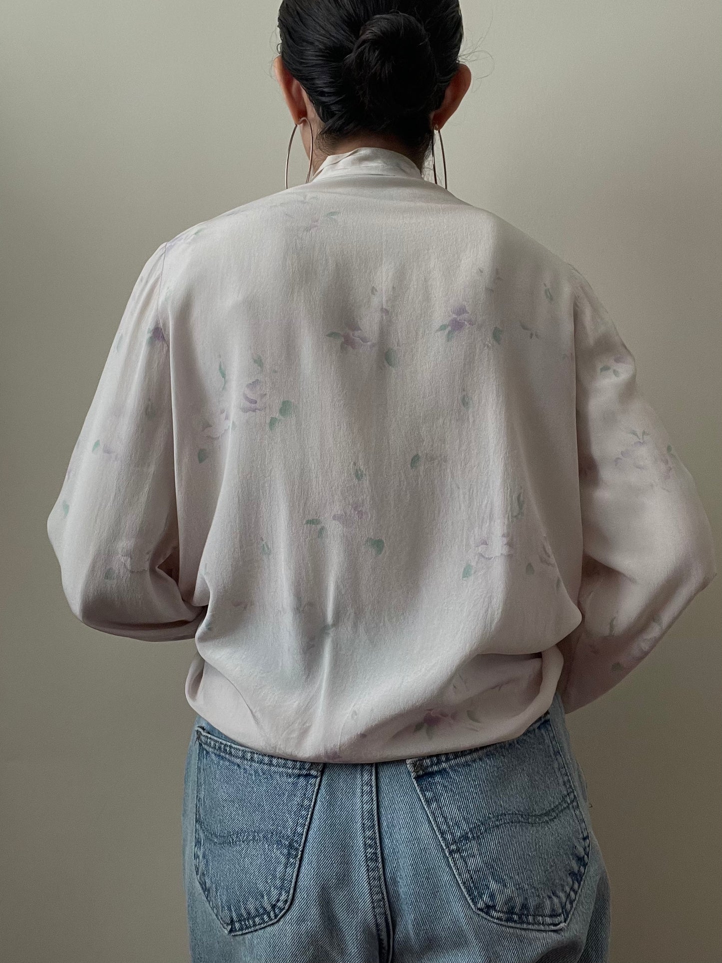 Vintage Silk Tie Blouse with Muted Floral Print