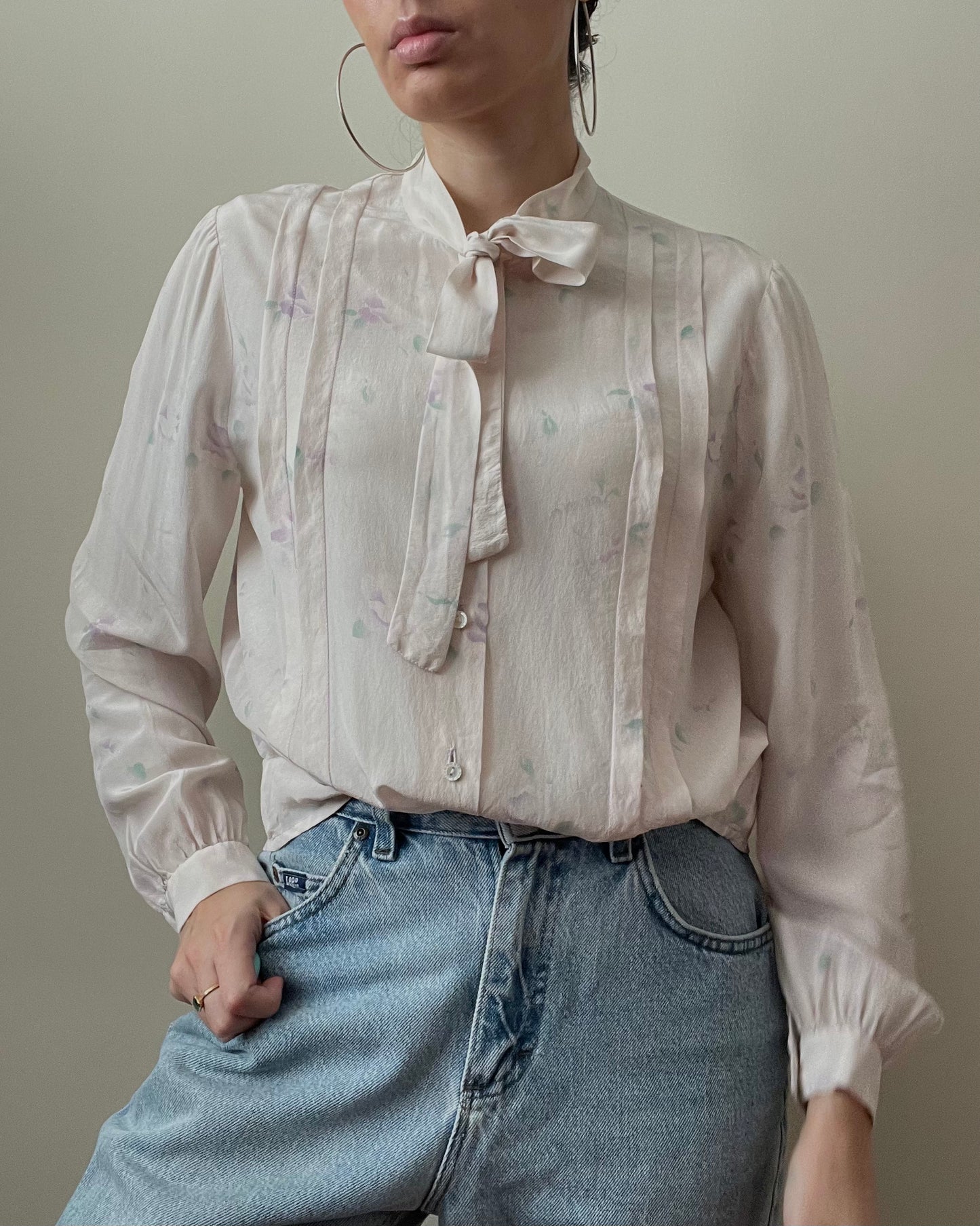 Vintage Silk Tie Blouse with Muted Floral Print