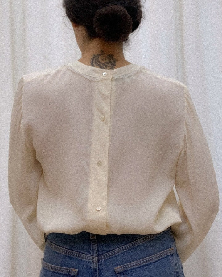 Vintage Silk Blouse With Lace Pleating and Cufflinking Sleeves