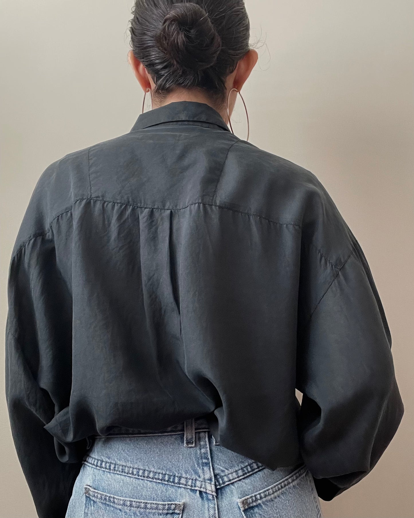 Vintage Oversized Black Silk Blouse With Left Front Pocket
