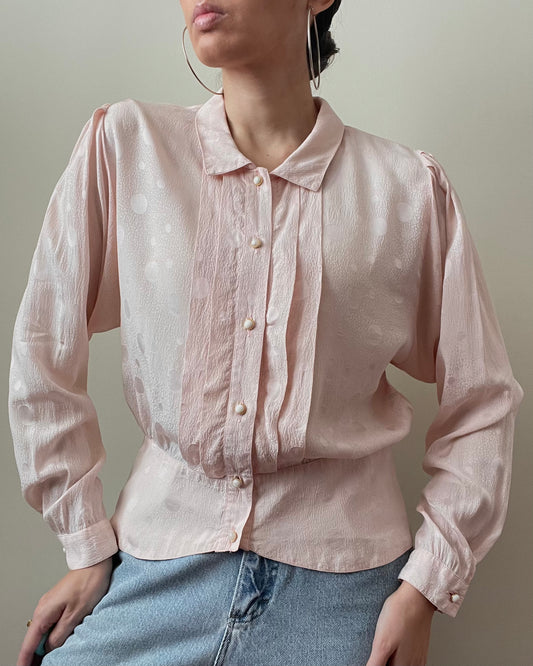 Vintage Pink Silk Top With Frontal Pleating And Sweet Button Details.