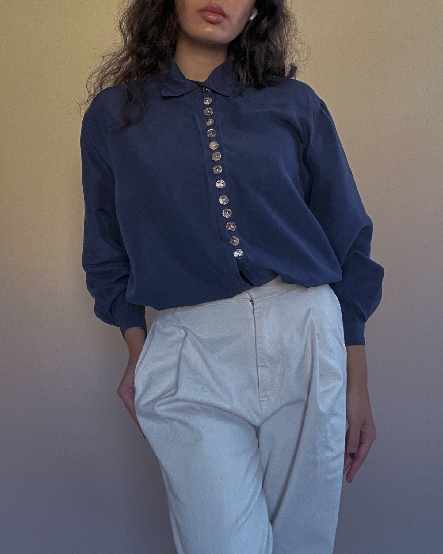 Vintage Navy Silk Blouse With Texturized Buttons
